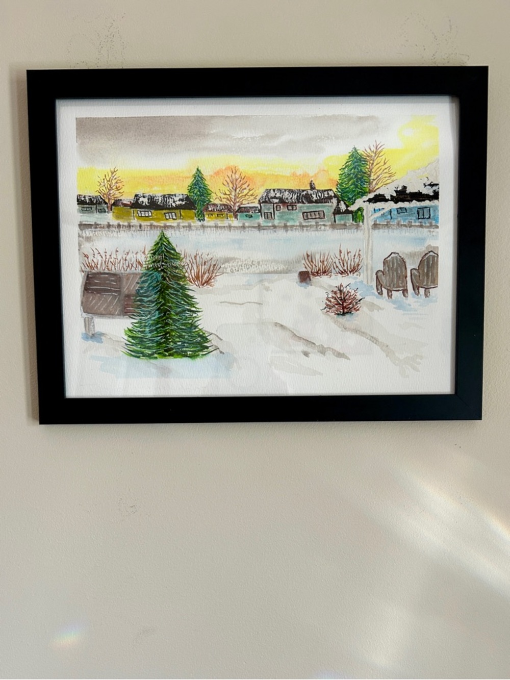 Original Watercolor Snowy Backyard Winter Scene Framed Wall Art